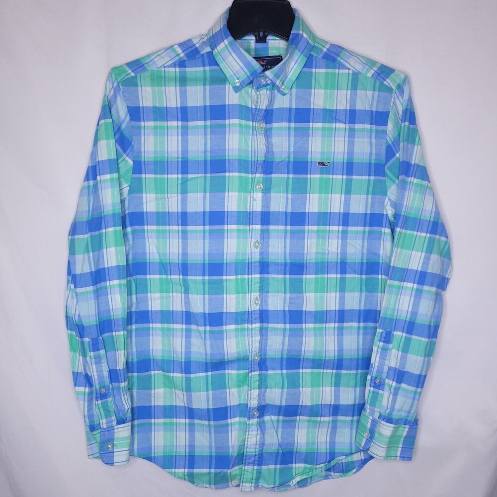 Vineyard Vines Whale Shirt Mens Medium Plaid Blue, Green Cotton NWOT